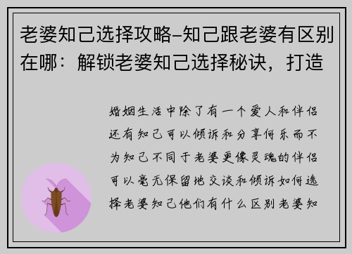 老婆知己选择攻略-知己跟老婆有区别在哪：解锁老婆知己选择秘诀，打造幸福婚姻的智慧之旅